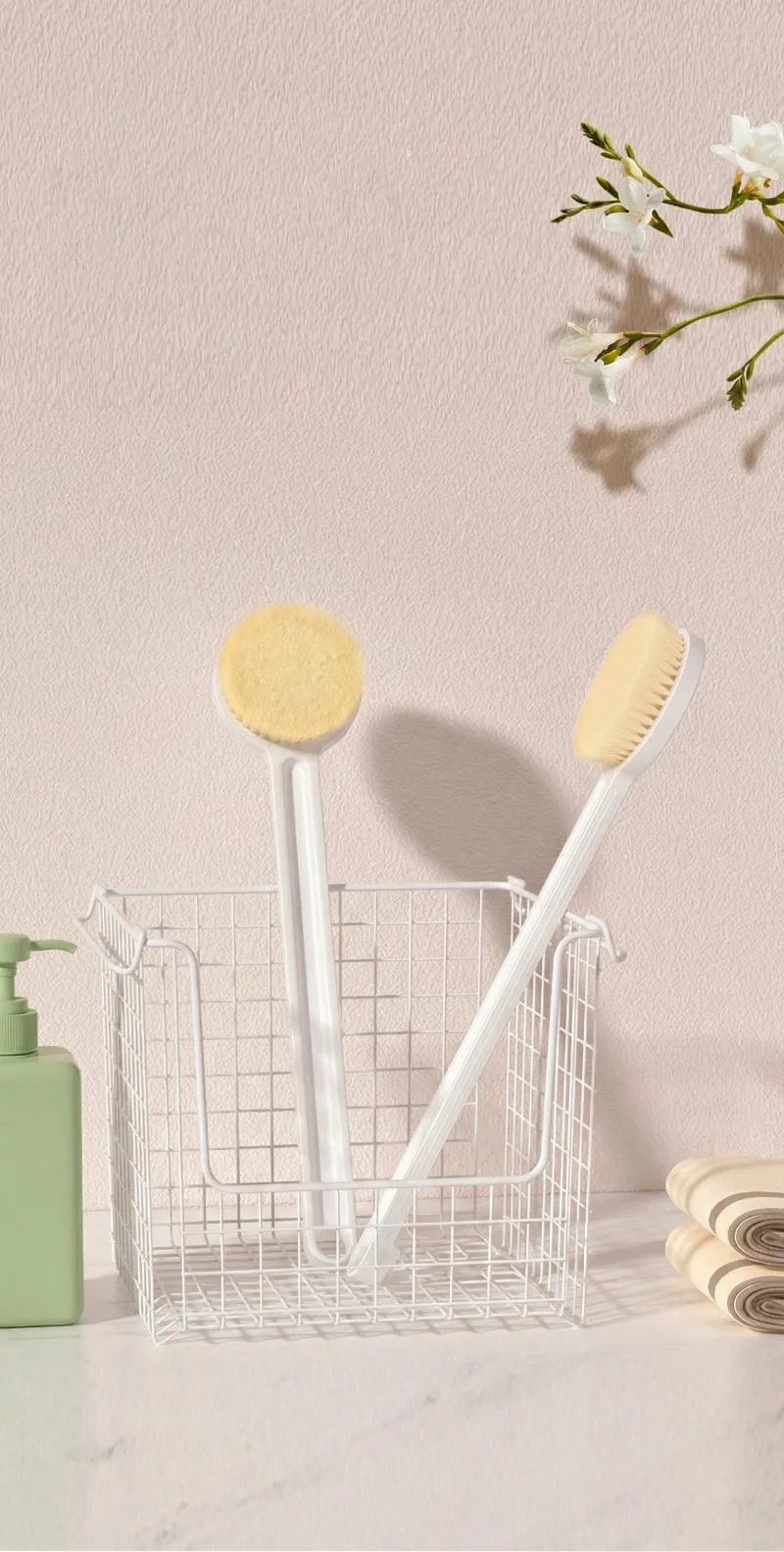HandleMassage Japanese Style Bath Rubbing Bathing Artifact Long Handle Bath Brush Soft Shower Brush White-3