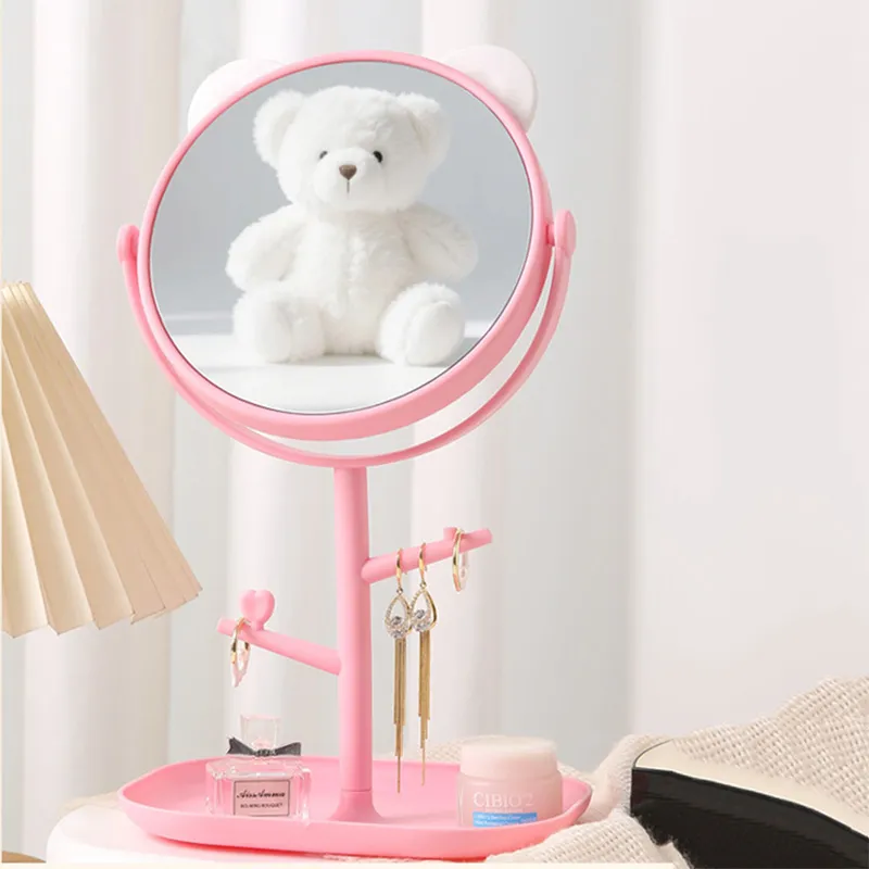 HD Desktop Makeup Mirror for Home, Suitable for Table Use, Student Dorm, INS Style Bear Ear Stand, Round Mirror White-3