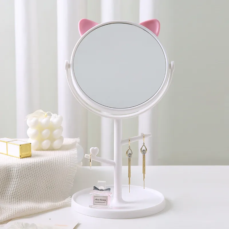 HD Desktop Makeup Mirror for Home, Suitable for Table Use, Student Dorm, INS Style Cat Ear Stand, Round Mirror White-2
