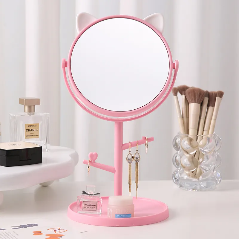 HD Desktop Makeup Mirror for Home, Suitable for Table Use, Student Dorm, INS Style Cat Ear Stand, Round Mirror Pink-2