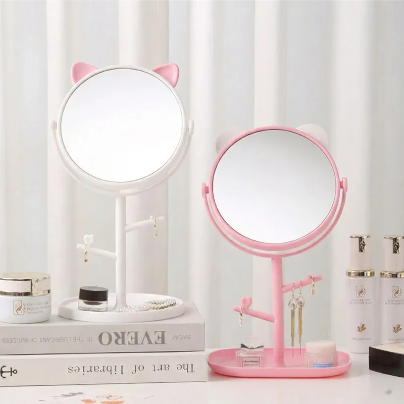 HD Desktop Makeup Mirror for Home, Suitable for Table Use, Student Dorm, INS Style Cat Ear Stand, Round Mirror Pink-3