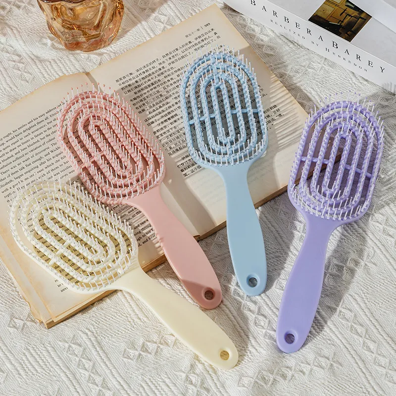 Hollow-out rib comb, volumizing top, fits the scalp, massage comb for meridians, smooths hair, detangles Pink S-4