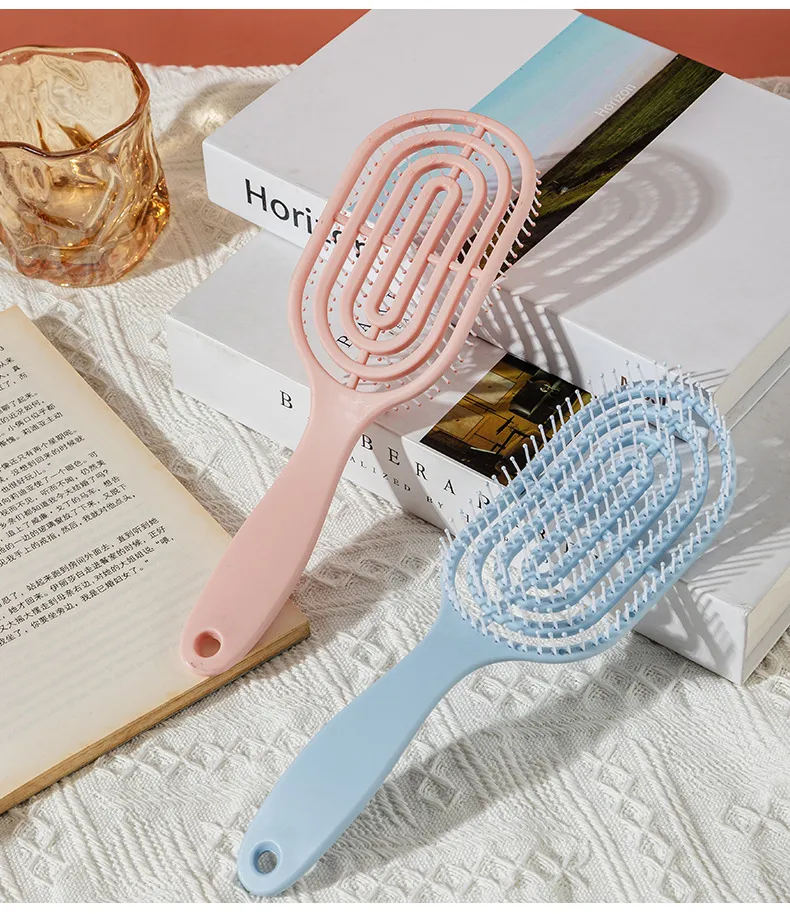 Hollow-out rib comb, volumizing top, fits the scalp, massage comb for meridians, smooths hair, detangles Pink S-1