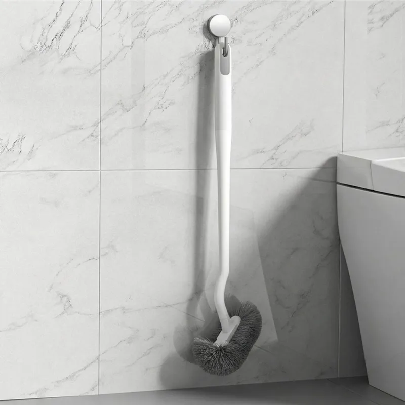 Household Toilet Brush with Angled Head, Wall-Mounted Plastic Long-Handle Toilet Cleaner White-2