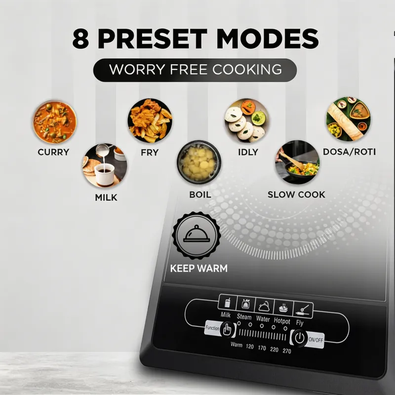 Ultra-Fast 2200W Induction Cooktop with Ceramic Glass Panel – Smart Electric Chulha with Specialized Curry & Fry Modes (16A Indian Plug) Black  39*31*9.5-3