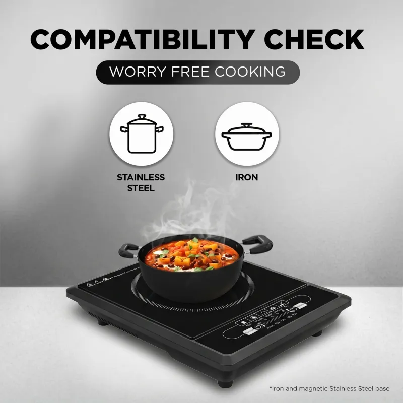 Ultra-Fast 2200W Induction Cooktop with Ceramic Glass Panel – Smart Electric Chulha with Specialized Curry & Fry Modes (16A Indian Plug) Black  39*31*9.5-5