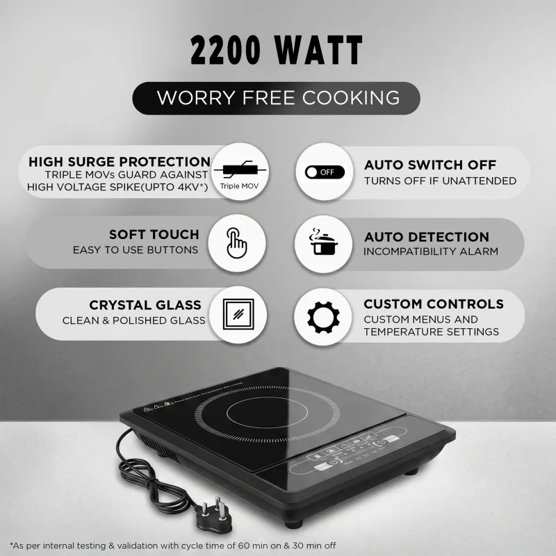 Ultra-Fast 2200W Induction Cooktop with Ceramic Glass Panel – Smart Electric Chulha with Specialized Curry & Fry Modes (16A Indian Plug) Black  39*31*9.5-6