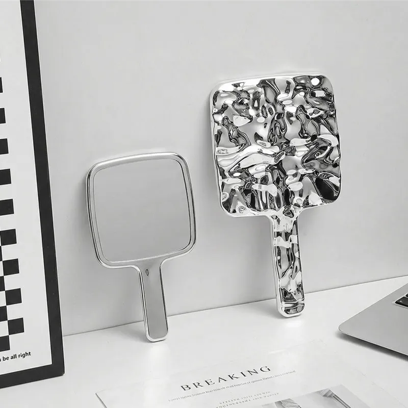Ins-style retro handheld makeup mirror with a premium handle, portable for carrying and touch-ups on the go-Large Silver L-2