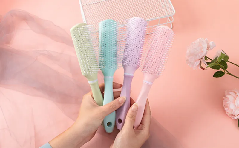 INS-style voluminous hairstyle for men and women, long-handled nine-row comb for styling Pink S-1