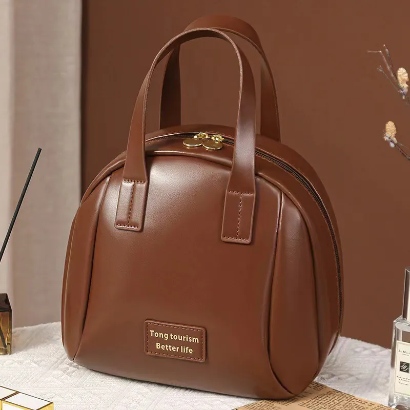 Large-Capacity Portable Women's Shell Makeup Bag, Layered, Waterproof Toiletry Bag, Handheld Vintage Storage Bag Brown-2