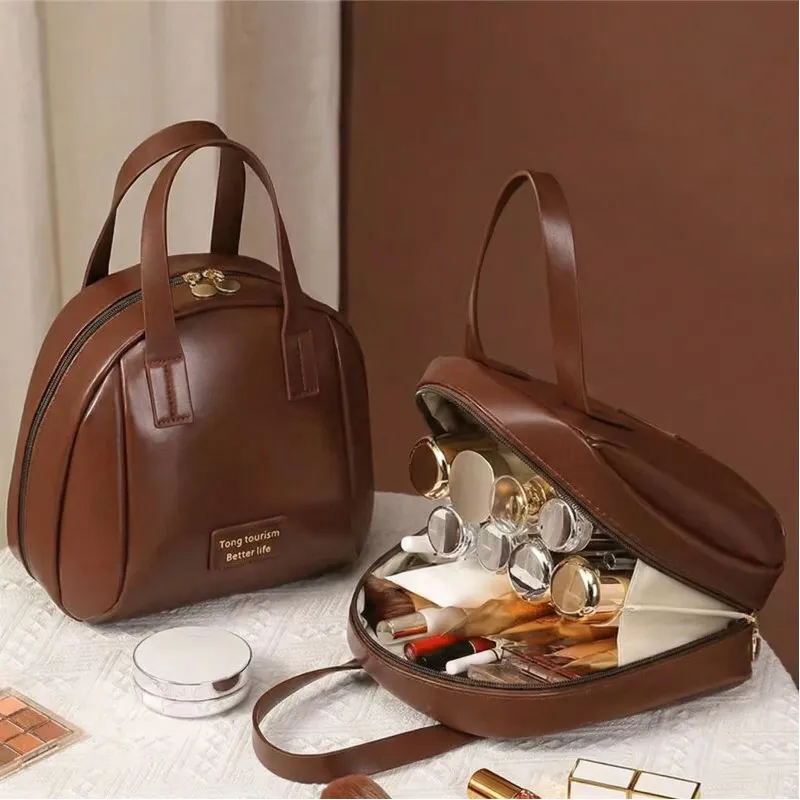 Large-Capacity Portable Women's Shell Makeup Bag, Layered, Waterproof Toiletry Bag, Handheld Vintage Storage Bag Brown-3