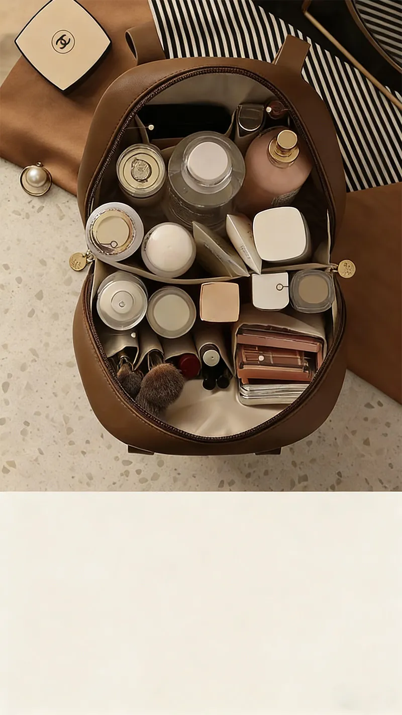 Large-Capacity Portable Women's Shell Makeup Bag, Layered, Waterproof Toiletry Bag, Handheld Vintage Storage Bag Brown-4