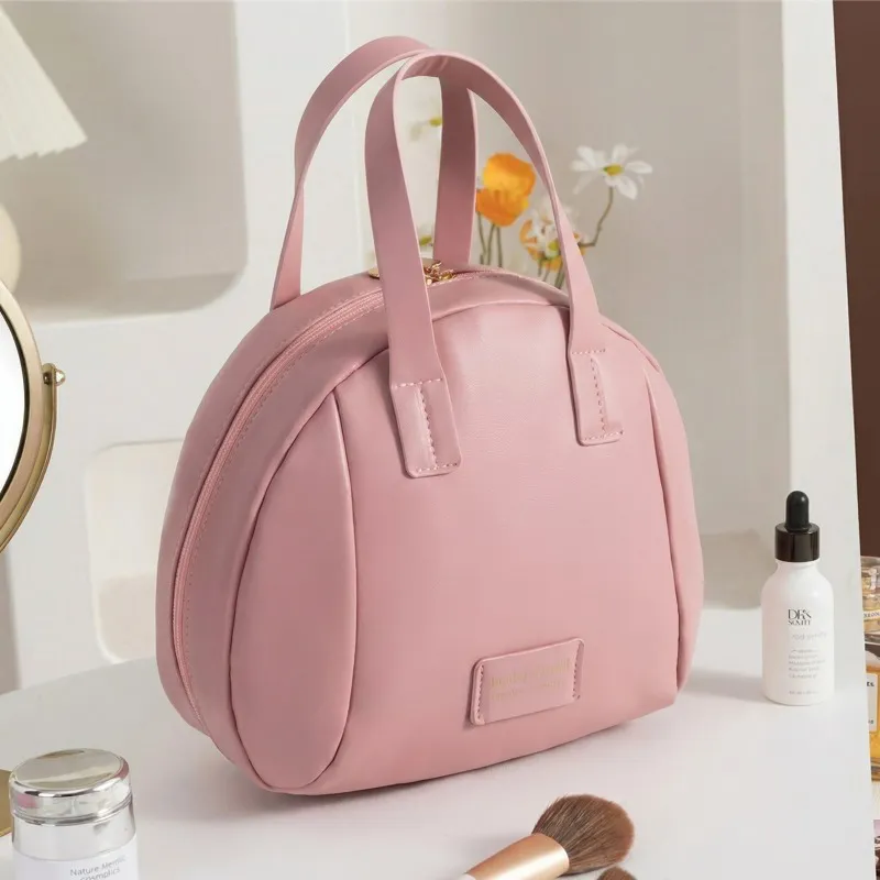 Large-Capacity Portable Women's Shell Makeup Bag, Layered, Waterproof Toiletry Bag, Handheld Vintage Storage Bag Pink-2