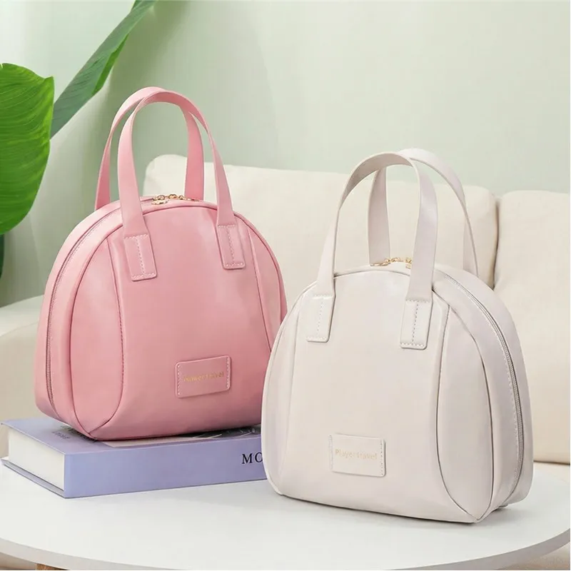 Large-Capacity Portable Women's Shell Makeup Bag, Layered, Waterproof Toiletry Bag, Handheld Vintage Storage Bag Pink-3