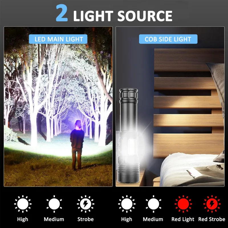 LED Torch Light High Power, Rechargeable Torchlight 20000 Lumens with COB Side-Light, Powerful Tactical 7 Lighting Mode Flashlight Black-2