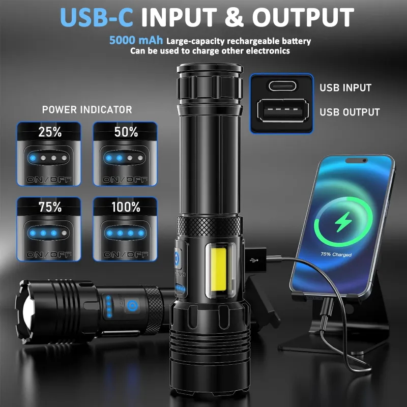 LED Torch Light High Power, Rechargeable Torchlight 20000 Lumens with COB Side-Light, Powerful Tactical 7 Lighting Mode Flashlight Black-4