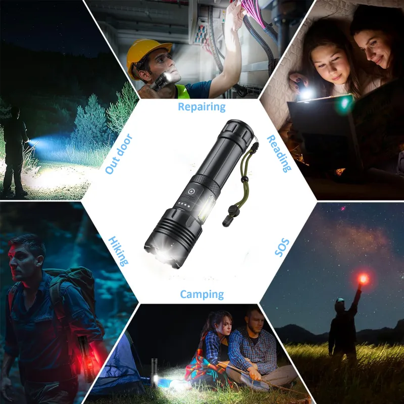 LED Torch Light High Power, Rechargeable Torchlight 20000 Lumens with COB Side-Light, Powerful Tactical 7 Lighting Mode Flashlight Black-7