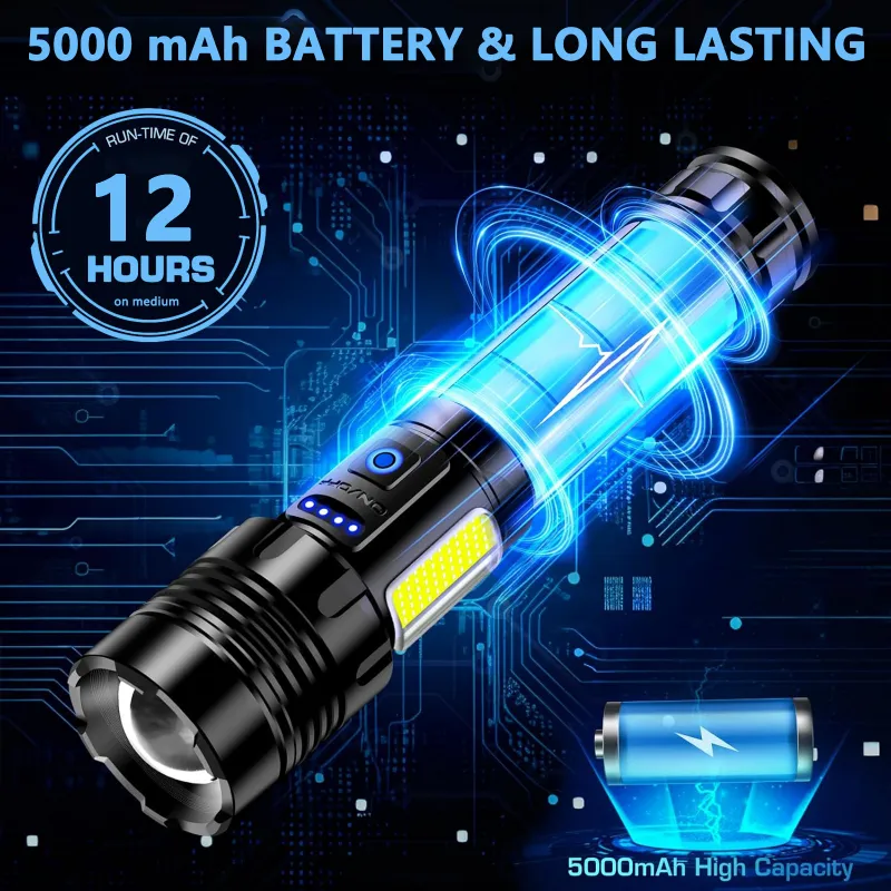 LED Torch Light High Power, Rechargeable Torchlight 20000 Lumens with COB Side-Light, Powerful Tactical 7 Lighting Mode Flashlight Black-8