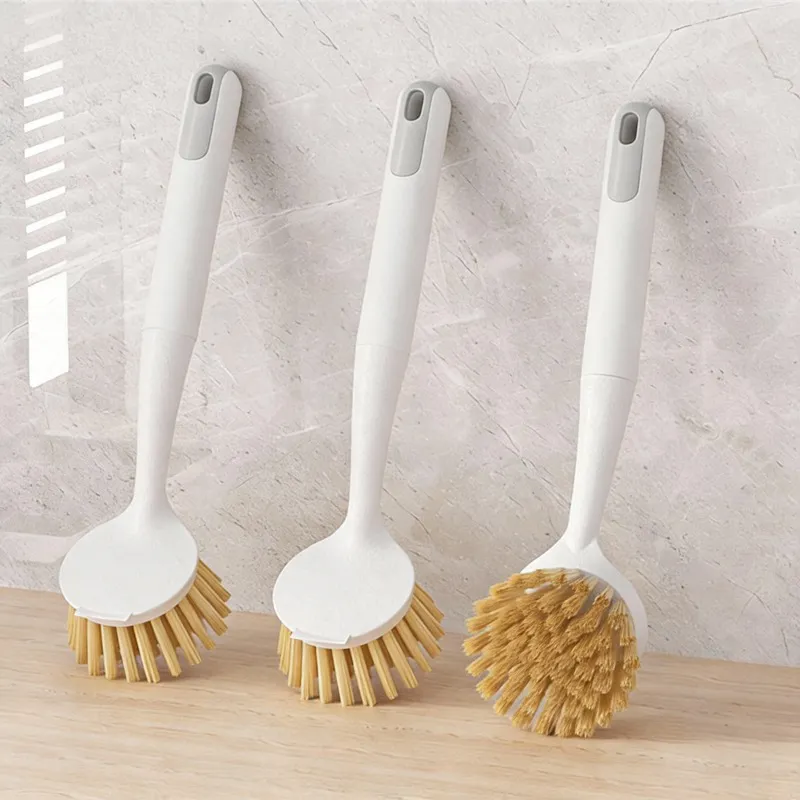 Long-handled kitchen pot brush, household dish brush with plastic handle for cleaning stovetops White-2
