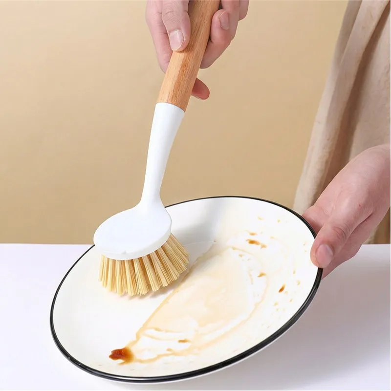 Long-handled kitchen pot brush, household dish brush with plastic handle for cleaning stovetops White-3
