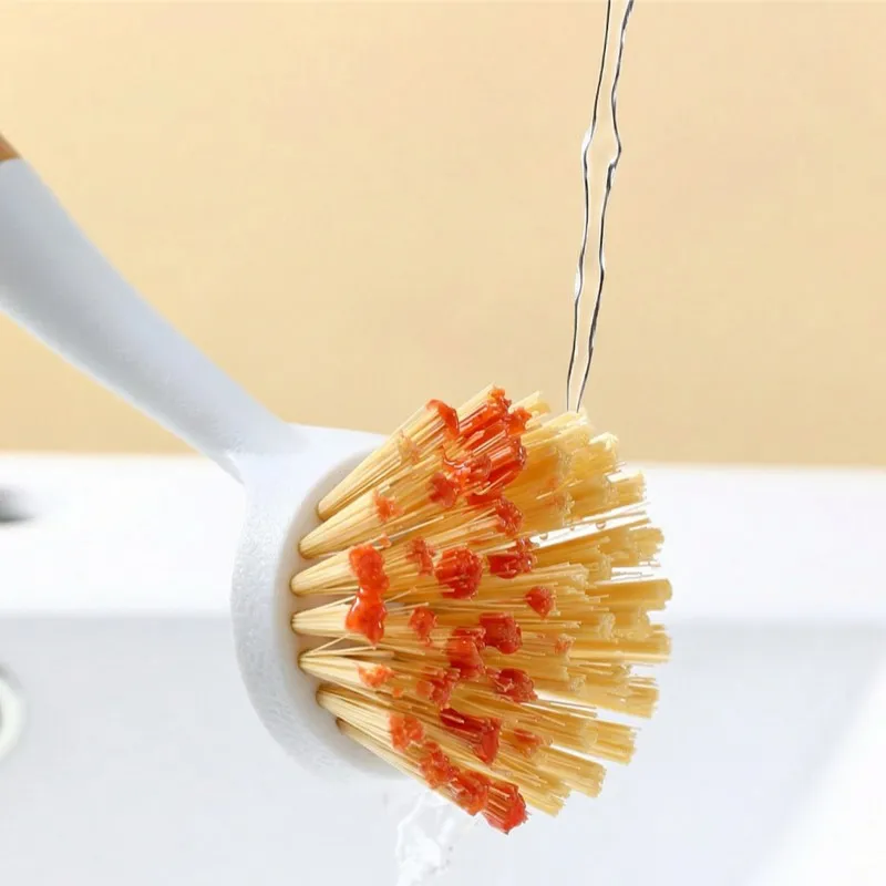 Long-handled kitchen pot brush, household dish brush with plastic handle for cleaning stovetops White-4