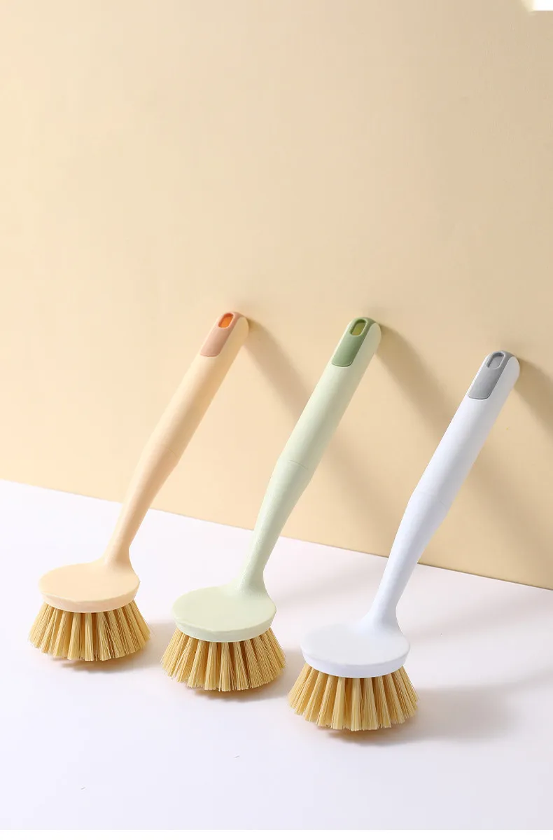 Long-handled kitchen pot brush, household dish brush with plastic handle for cleaning stovetops White-2