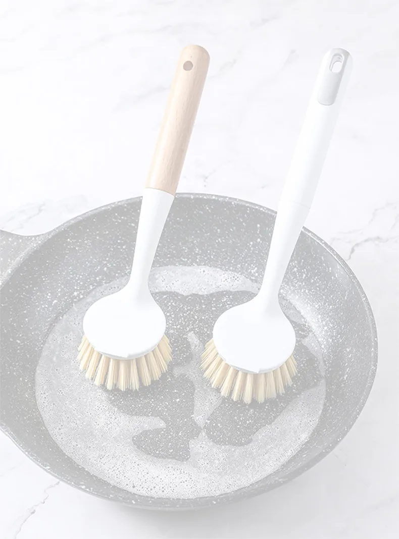 Long-handled kitchen pot brush, household dish brush with plastic handle for cleaning stovetops White-3