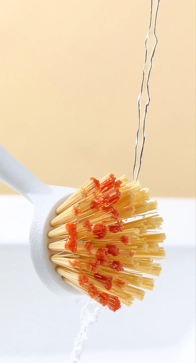 Long-handled kitchen pot brush, household dish brush with plastic handle for cleaning stovetops White-4