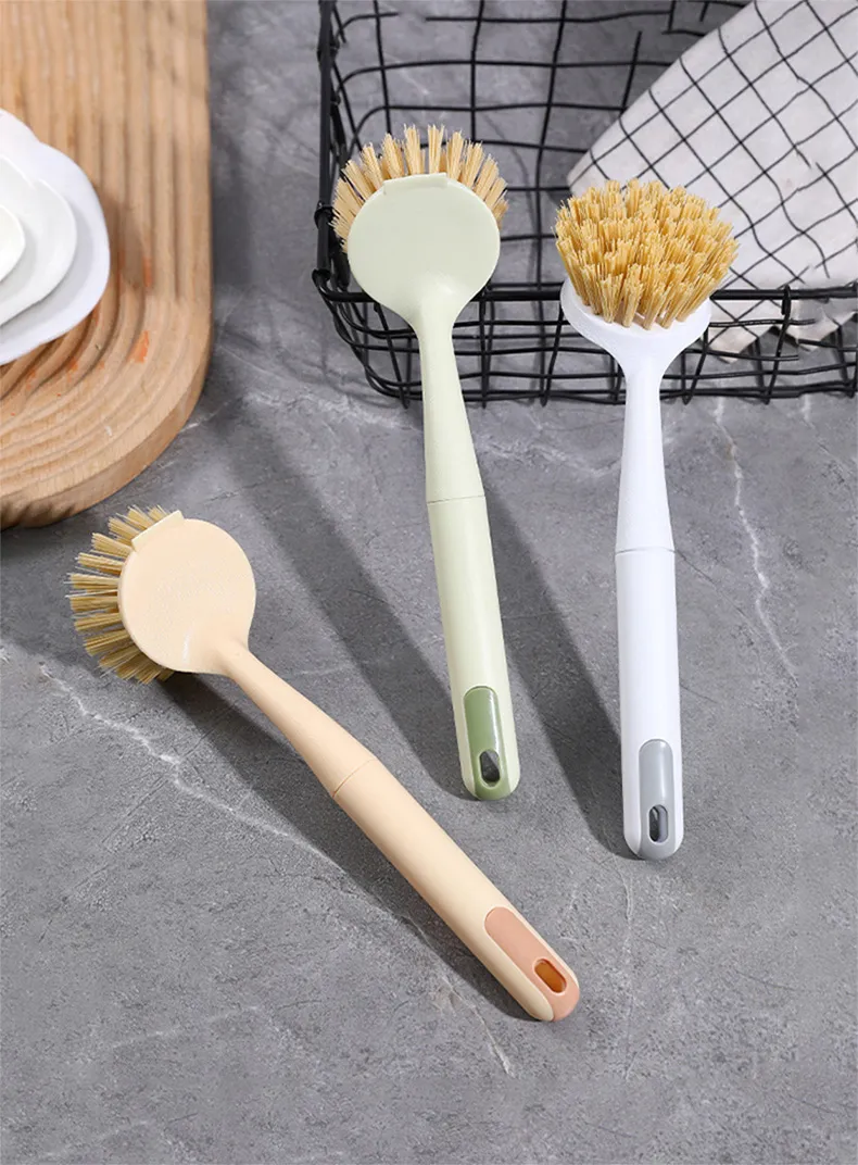 Long-handled kitchen pot brush, household dish brush with plastic handle for cleaning stovetops White-5