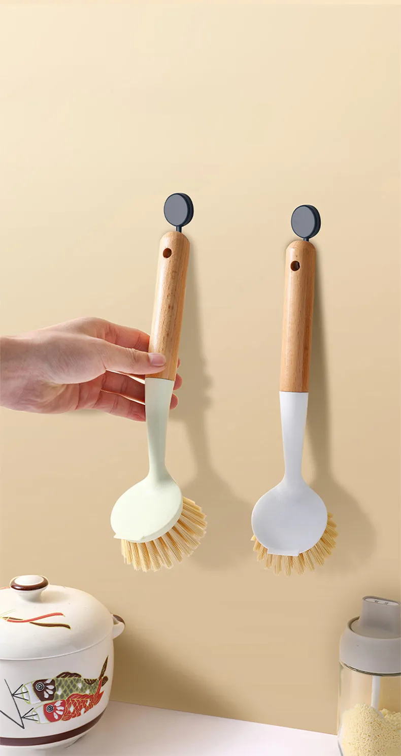 Long-handled kitchen pot brush, household dish brush with plastic handle for cleaning stovetops White-6