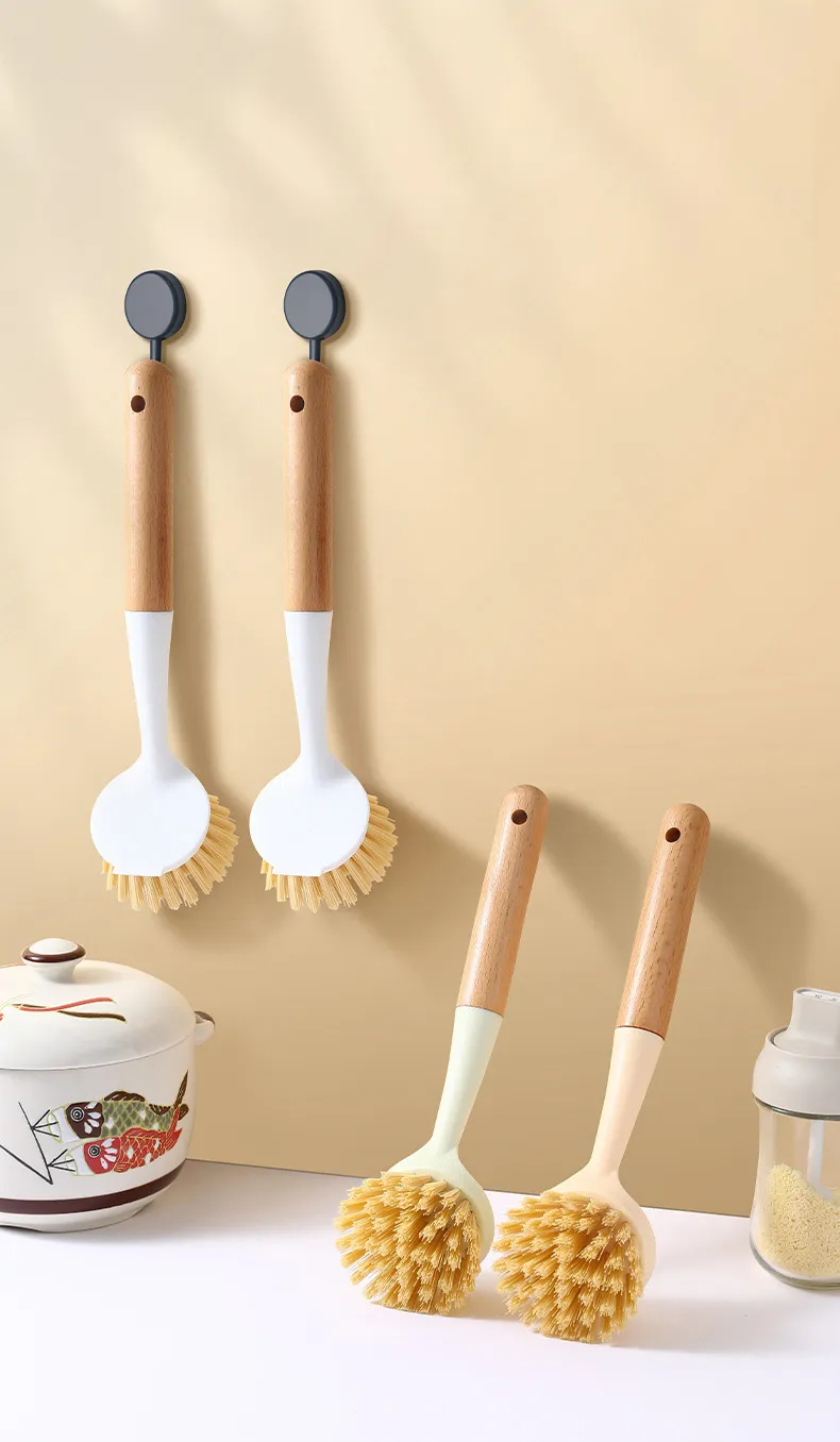 Long-handled kitchen pot brush, household dish brush with plastic handle for cleaning stovetops White-7