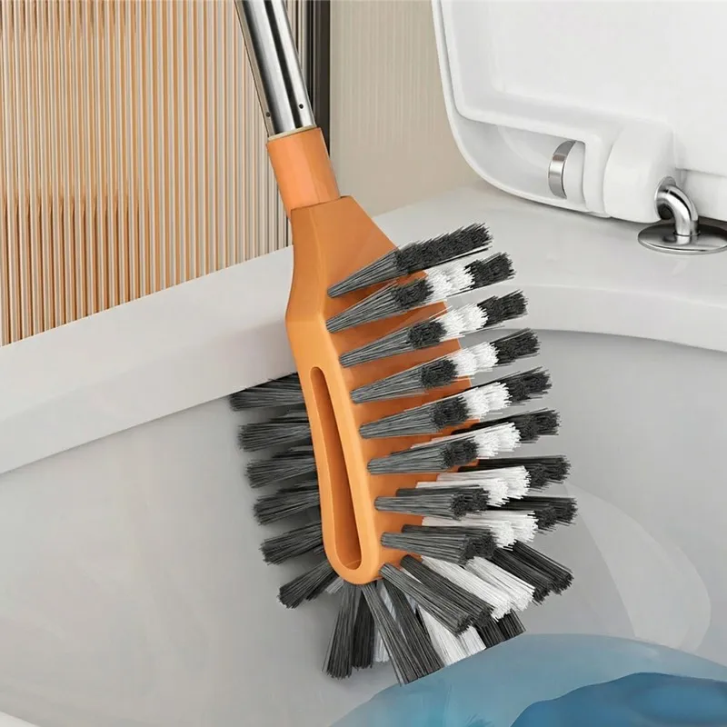 Long-handled toilet brush for cleaning hard-to-reach areas in the bathroom; a household cleaning tool with soft bristles Gold-3