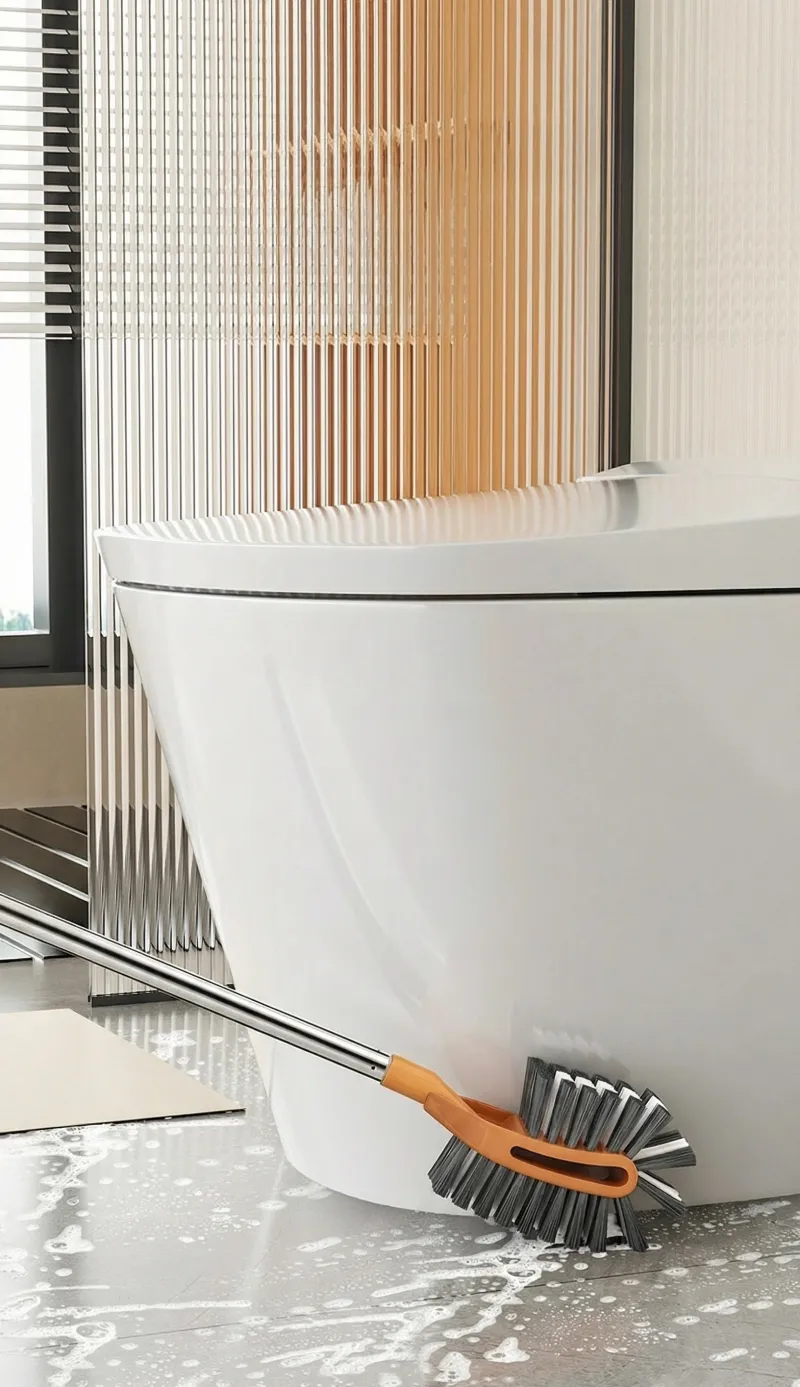 Long-handled toilet brush for cleaning hard-to-reach areas in the bathroom; a household cleaning tool with soft bristles Gold-2