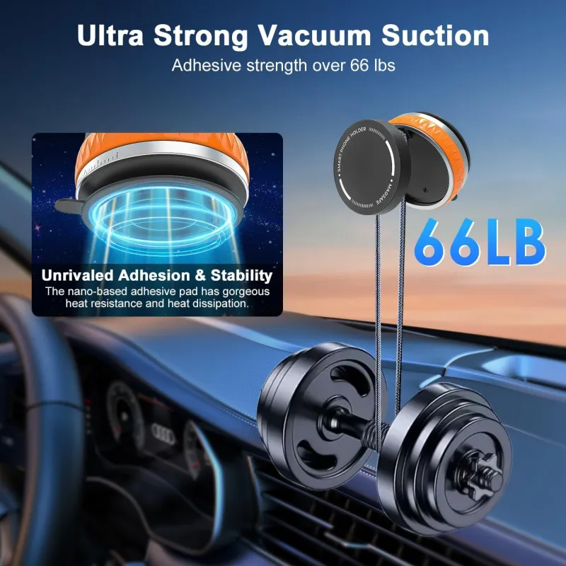 Magnetic Car Phone Mount, Strong Vacuum Suction & 360° Adjustable Holder Orange-2