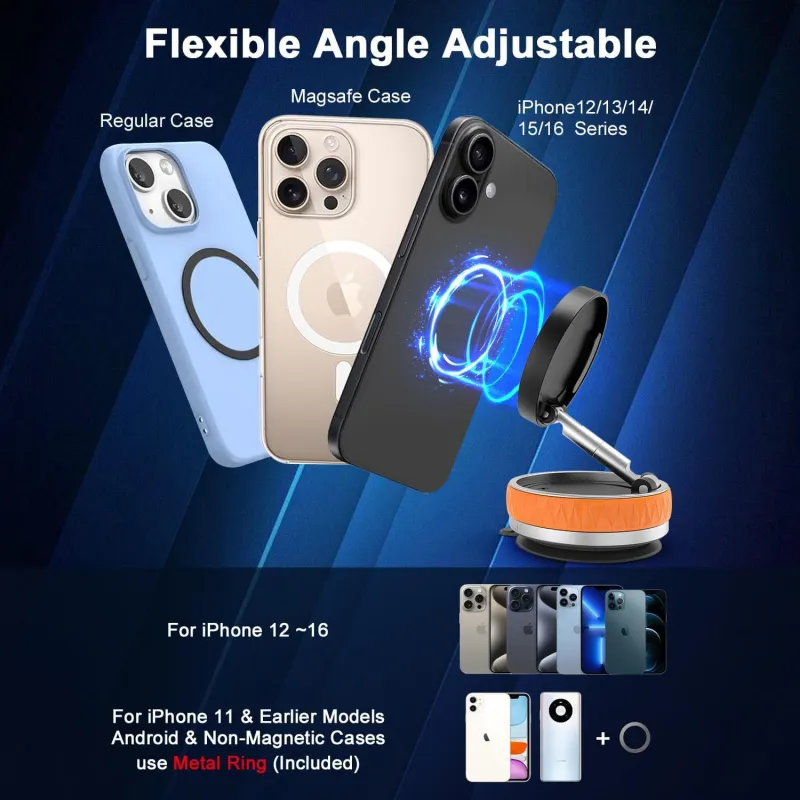 Magnetic Car Phone Mount, Strong Vacuum Suction & 360° Adjustable Holder Orange-3