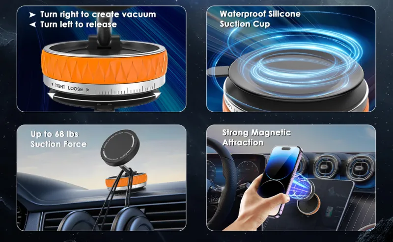 Magnetic Car Phone Mount, Strong Vacuum Suction & 360° Adjustable Holder Orange-2
