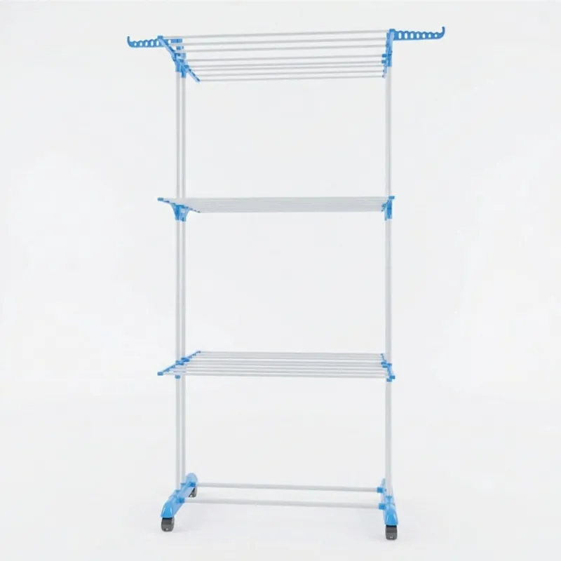 Mega stand Clothes Drying Rack Folding Stainless Steel Laundry Garment Dryer Stand with Two Side Wings-(Blue) Portable 3-Layer Cloth Wheels and Foldable Wings