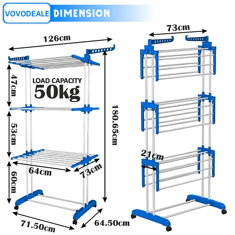 Mega stand Clothes Drying Rack Folding Stainless Steel Laundry Garment Dryer Stand with Two Side Wings-(Blue) Portable 3-Layer Cloth Wheels and Foldable Wings Blue-7