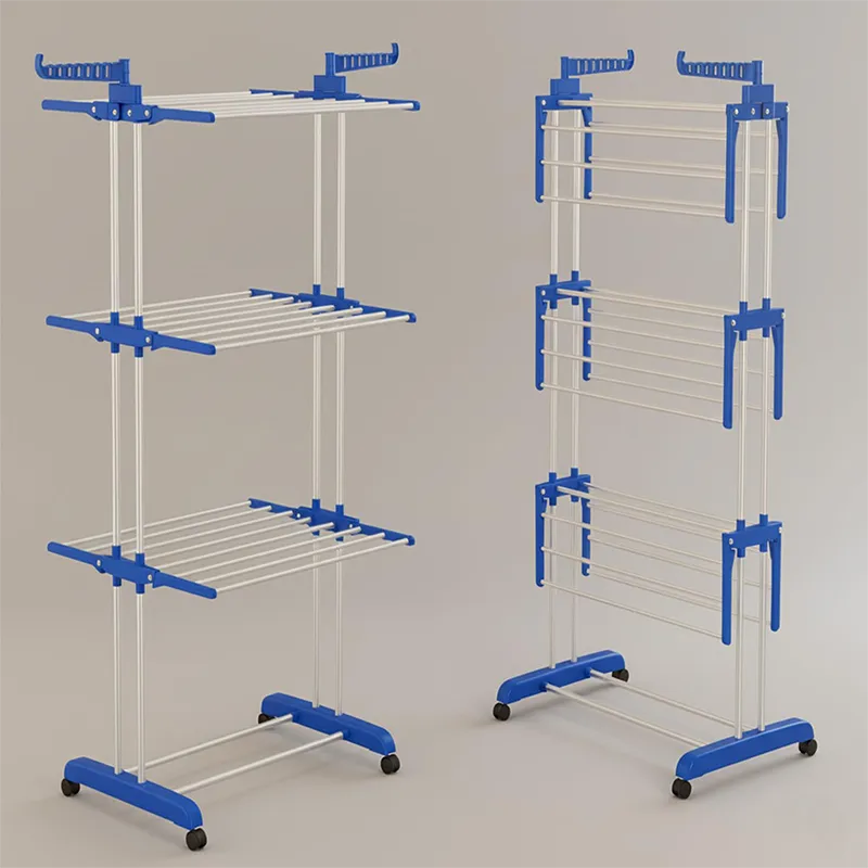 Mega stand Clothes Drying Rack Folding Stainless Steel Laundry Garment Dryer Stand with Two Side Wings-(Blue) Portable 3-Layer Cloth Wheels and Foldable Wings Blue-8