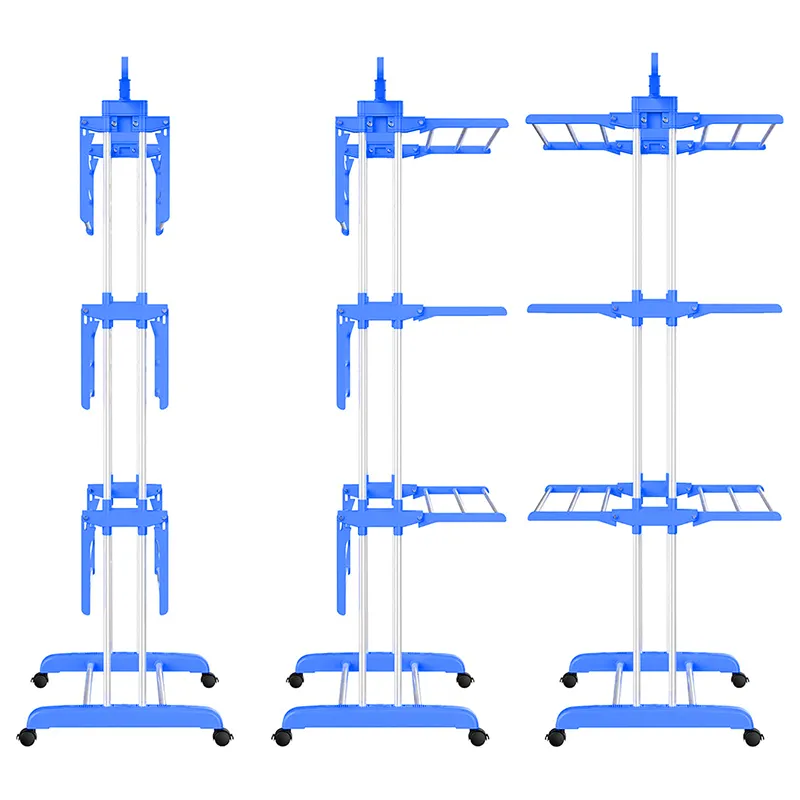 Mega stand Clothes Drying Rack Folding Stainless Steel Laundry Garment Dryer Stand with Two Side Wings-(Blue) Portable 3-Layer Cloth Wheels and Foldable Wings Blue-9