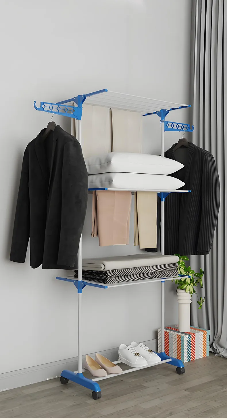 Mega stand Clothes Drying Rack Folding Stainless Steel Laundry Garment Dryer Stand with Two Side Wings-(Blue) Portable 3-Layer Cloth Wheels and Foldable Wings Blue-1