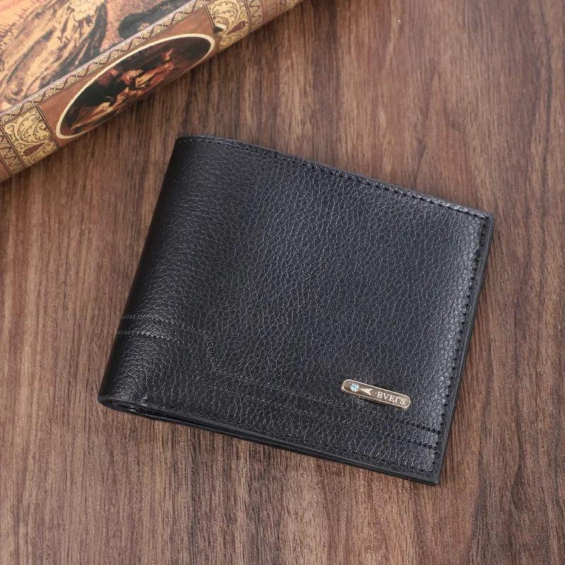 Men's short wallet, vintage style with multiple card slots, large-capacity purse, casual coin pouch, leather wallet Black-2