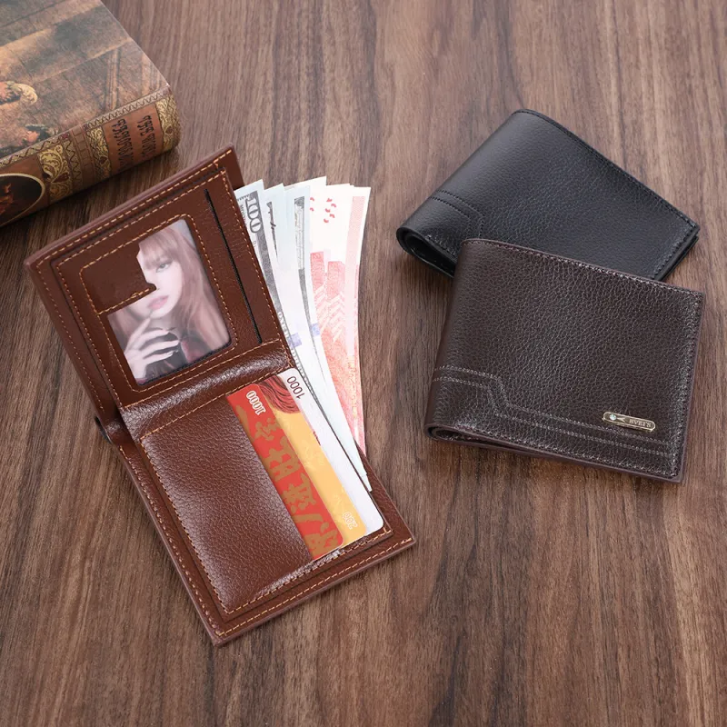 Men's short wallet, vintage style with multiple card slots, large-capacity purse, casual coin pouch, leather wallet Brown-3