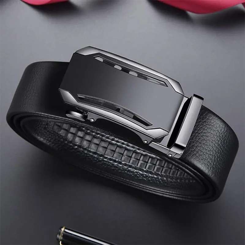 Premium Mens Genuine Leather Belt - Modern Slide Lock Ratchet Design Black-2