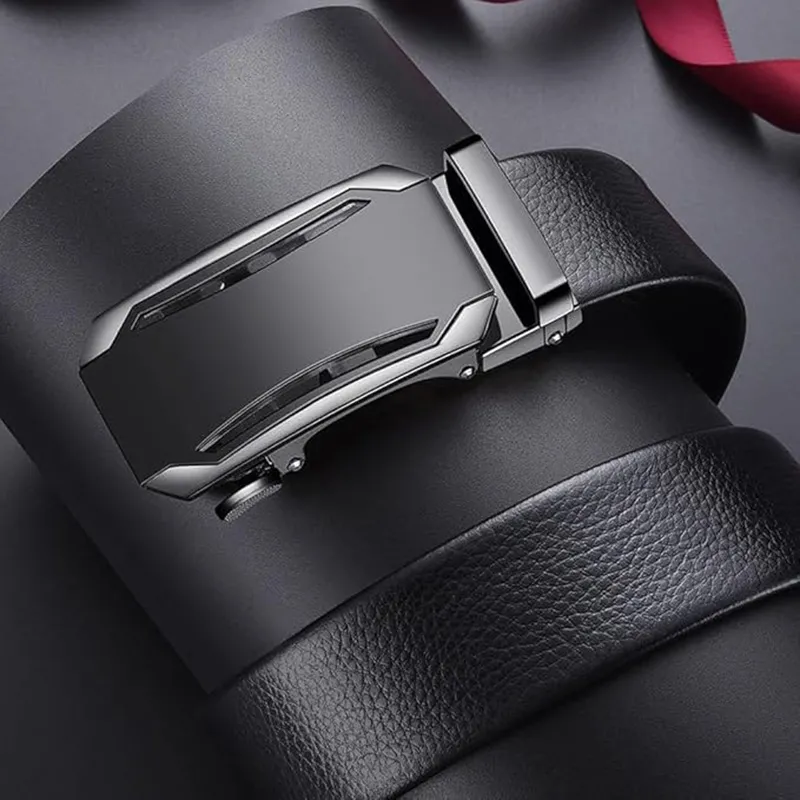 Premium Mens Genuine Leather Belt - Modern Slide Lock Ratchet Design Black-3