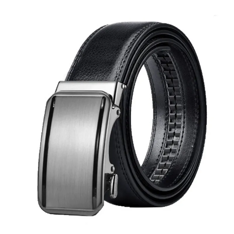 Classic Mens Automatic Leather Belt - Durable Black Ratchet No-Hole Fit