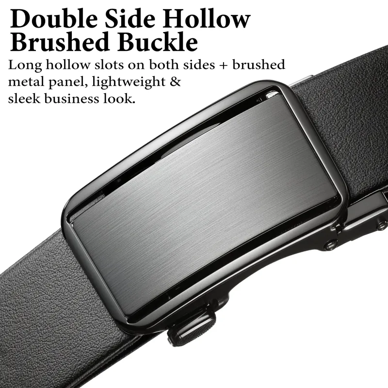 Classic Mens Automatic Leather Belt - Durable Black Ratchet No-Hole Fit Black-2