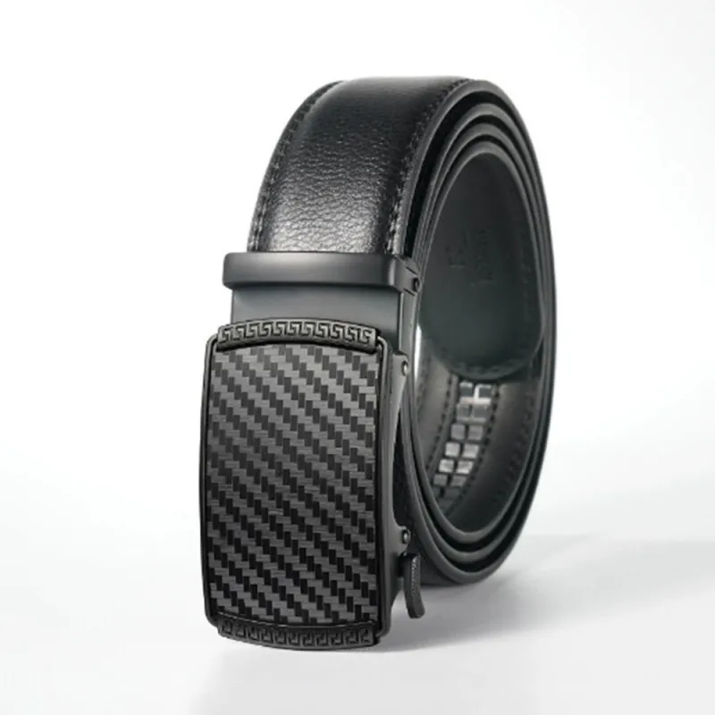 Mens Fashion Genuine Leather Belt - Trendy Black Auto-Lock Slide Buckle