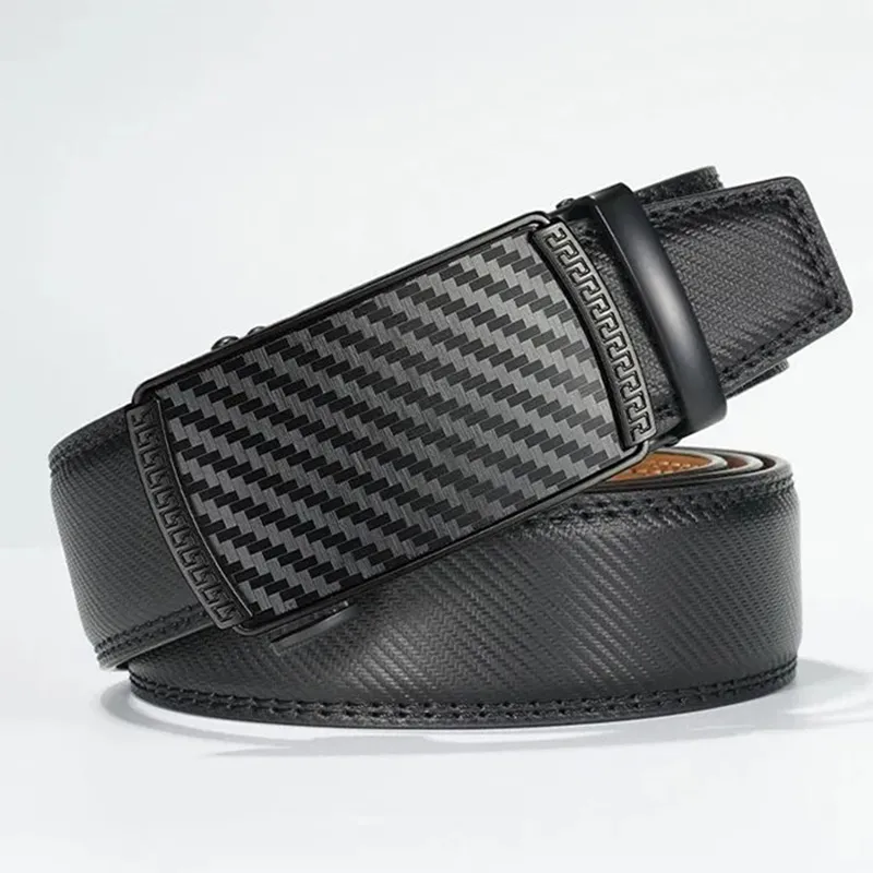 Mens Fashion Genuine Leather Belt - Trendy Black Auto-Lock Slide Buckle Black-2