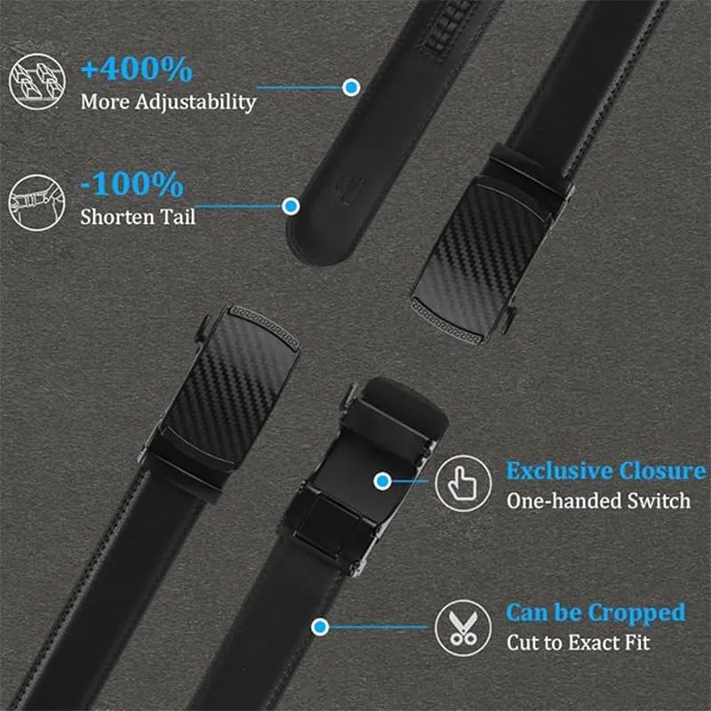 Mens Fashion Genuine Leather Belt - Trendy Black Auto-Lock Slide Buckle Black-6